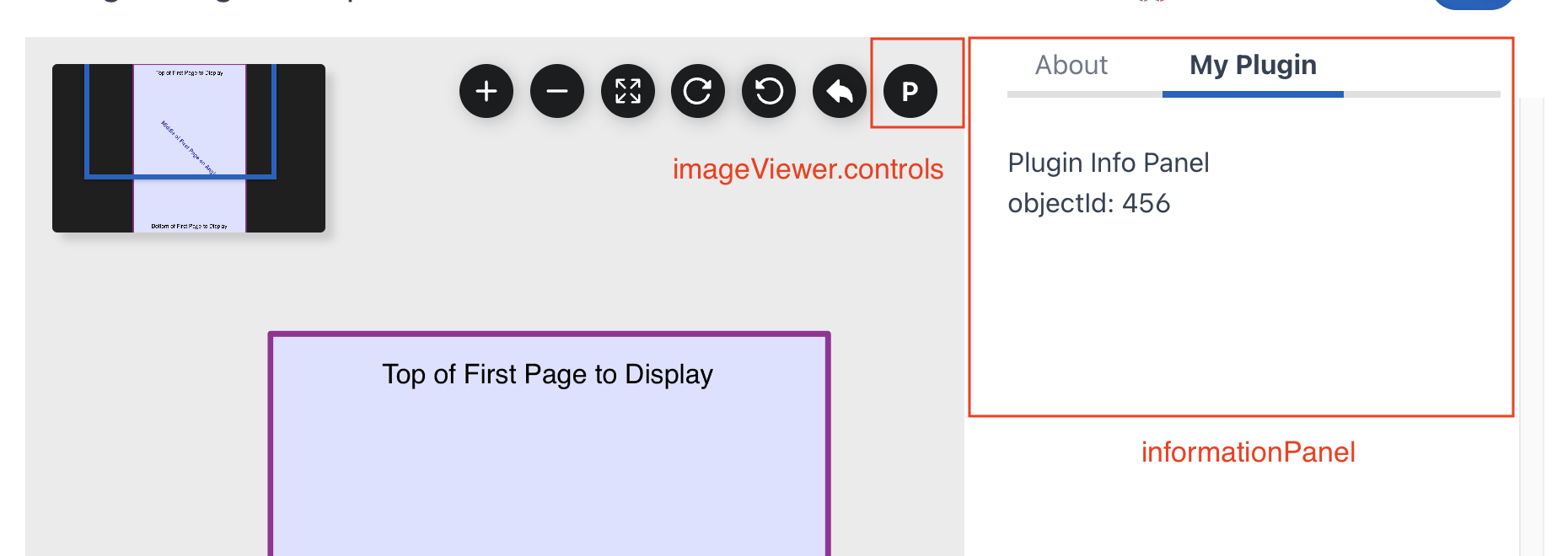 Viewer with a "P" button added after the zoom, rotate and back buttons (imageViewer.controls), and a "My Plugin" tab beside About in the information panel showing "Plugin Info Panel, objectId: 456" (informationPanel)